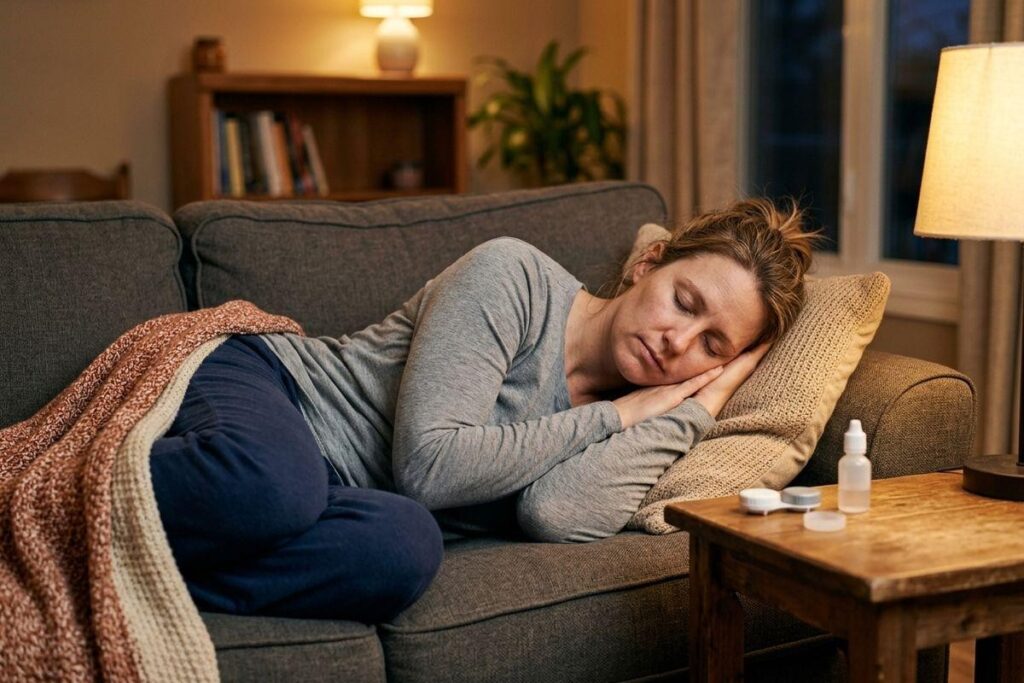 Adult sleeping on a gray couch at night, with a blanket, cushion, and medicine bottles on a nearby wooden side table.