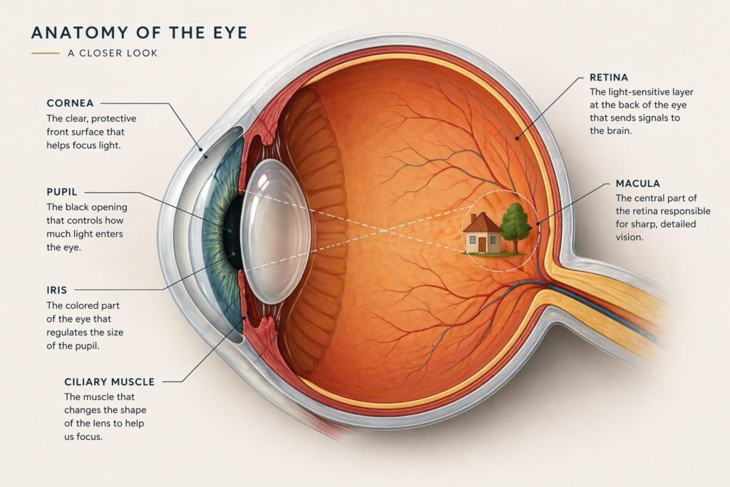 Detailed cross-section diagram of the human eye showing the cornea, pupil, iris, ciliary muscle, retina, and macula, illustrating how light focuses on the retina for clear vision.
