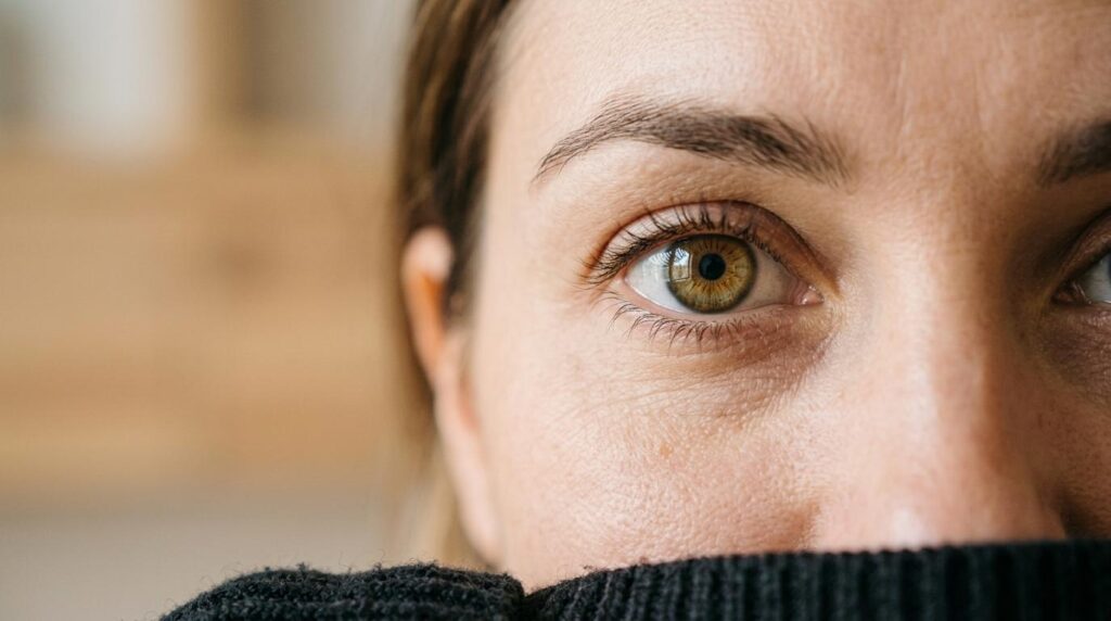 Up close photo of a woman's right side of face, focsed on her eye.