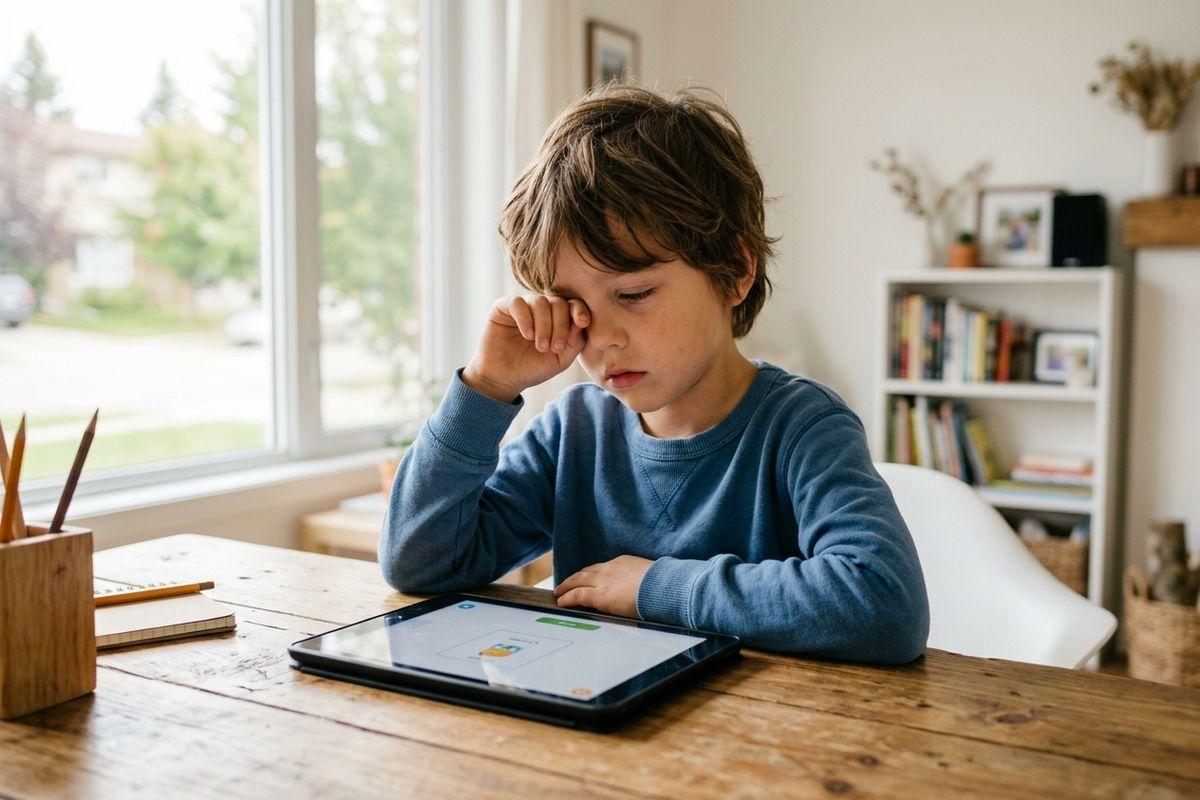 A child sitting at a wooden desk, rubbing one eye while looking at a tablet, appears tired. Notebooks and pencils are nearby in a home setting.