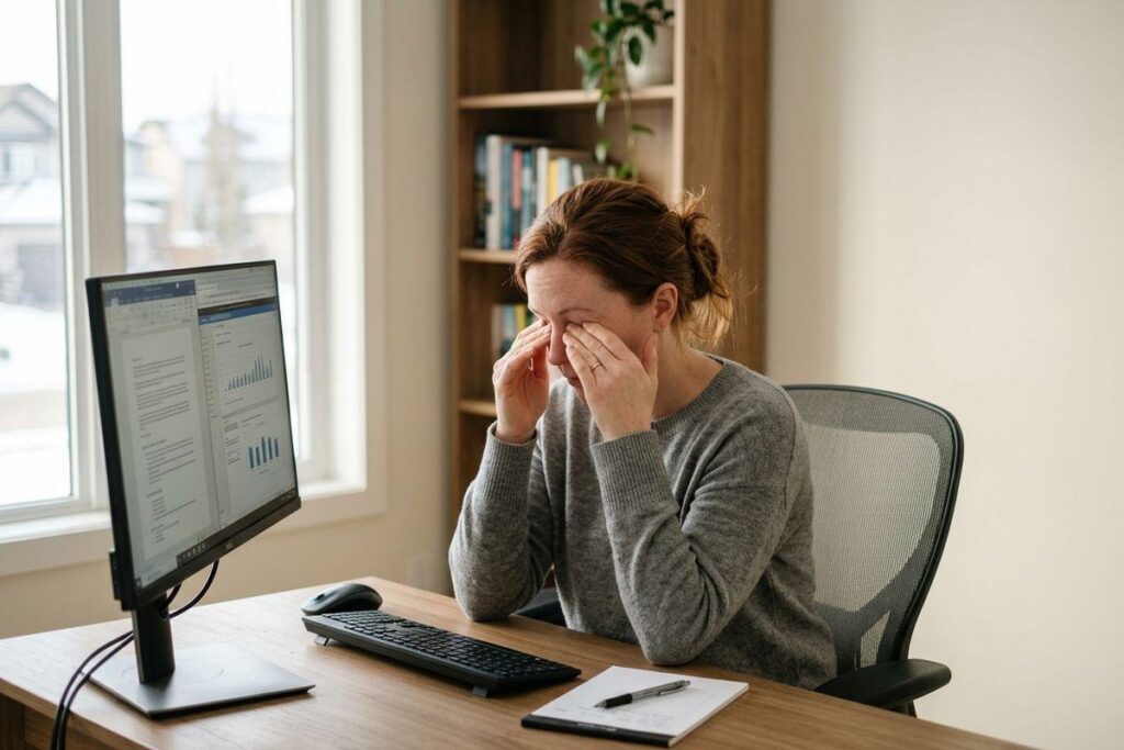 An adult sitting at a desk, pressing fingers to their eyes, in front of a computer monitor displaying spreadsheets in a home office.