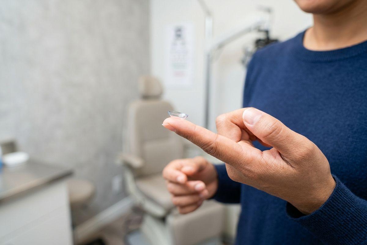 Adult holding a contact lens on their fingertip in an eye exam room with an exam chair visible in the background.
