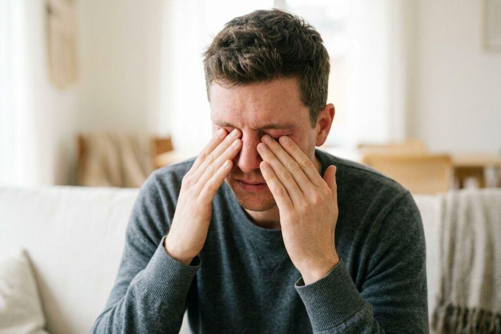 Adult sitting on a sofa rubbing both eyes with their fingers, head bowed, in a bright living room.
